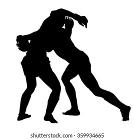 Two fighters in ring vector silhouette illustration.