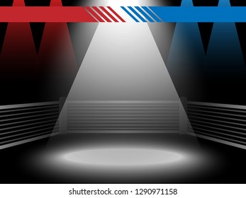 Two fighters versus concept background, floodlights illuminating the boxing ring, red blue corners