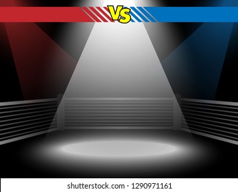 Two fighters versus concept background, floodlights illuminating the boxing ring, red blue corners