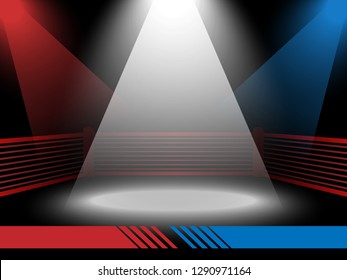 Two fighters versus concept background, floodlights illuminating the boxing ring, red blue corners