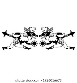 Two fighting anthropomorphic deer warriors with shields and maces. Native American art of Mochica or Moche Indians of ancient Peru. Black and white silhouette. Symmetrical indigenous animal design.