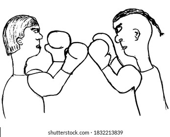 Two fighting boxers. Motives of sport, fight, games. Vector sketch image in children style. Can be used for printing