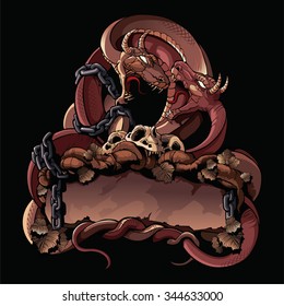 Two fighting dragons. Ornate design element.

Ornate design element with banner. Two entanglement fighting dragons with stone, chains and wood root. 