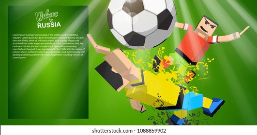 two fighting soccer players and empty banner. Soccer player against the background of the stadium