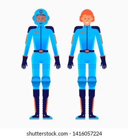 Two figures of  astronaut with and without helmets. Creative image. Good for space magazines, blog, cards illustrations. Vector flat design. 