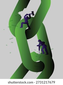 Dos figuras rompen una cadena digital con herramientas, simbolizando blockchain y disrupción financiera.
