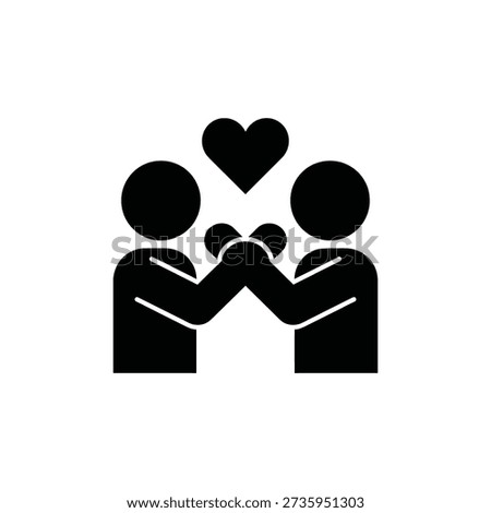 Two figures clasping hands with a heart floating above them