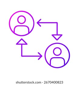 Duas figuras ligadas por setas direcionais, simbolizando a reciprocidade. O gradiente roxo brilhante no fundo branco captura a interação humana de forma simples.