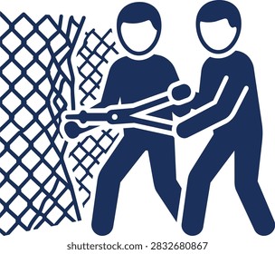 Two figures cutting a wire fence with bolt cutters