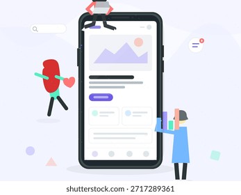 Two figures engage with a large mobile phone, one sitting on top and another leaning against it. Colorful shapes surround the device in a digital context.