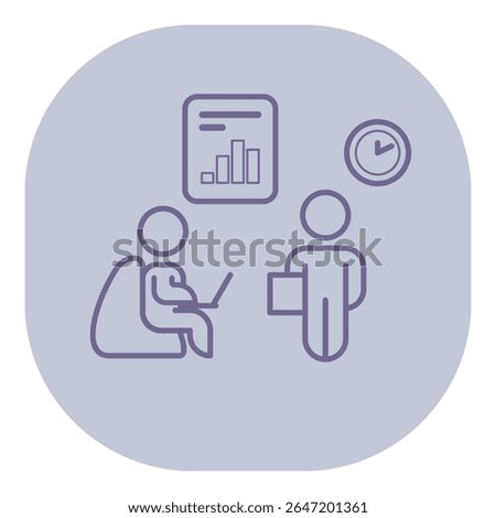 Two figures engaged in work discussion. One seated with laptop, while other holding briefcase, clock and chart in background