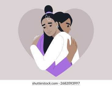 Two figures express vulnerability and support while hugging, symbolizing the challenges and warmth found in relationships characterized by insecurities and emotional trauma