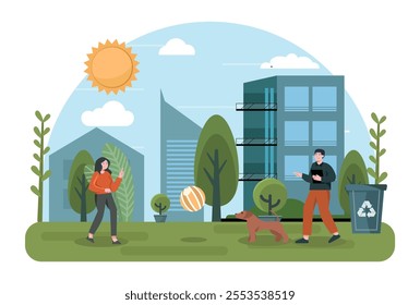 Two figures garden amid trees, plants, and a bright sun, with modern buildings and mountains as a backdrop. Vibrant flat design highlights urban gardening and community care for green spaces.
