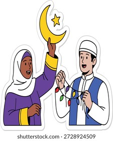 Two Figures Holding Moon and Sun Conceptual Illustration