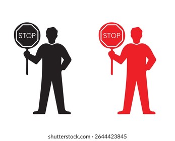 Two figures holding stop signs, illustrating traffic control.