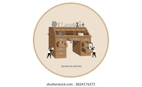Two figures interact with a large wooden desk containing antique artifacts and symbols in drawers to represent the exploration of history.