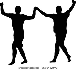 Two figures joyfully dance, hands intertwined, celebrating in dynamic silhouettes.