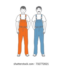 Two figures of male workers in overalls of blue and orange.