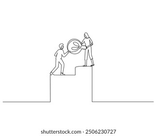 Two figures on different height platforms: one reaches up, the other leans down to hand over a circular object. Symbolizes assistance, support, and collaboration.