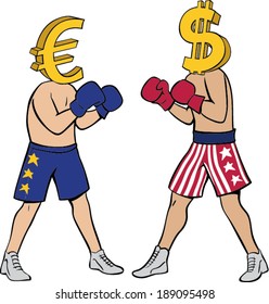 Two figures representing dollar and euro fighting, figures with dollar and euro symbols as heads boxing, concept vector illustration