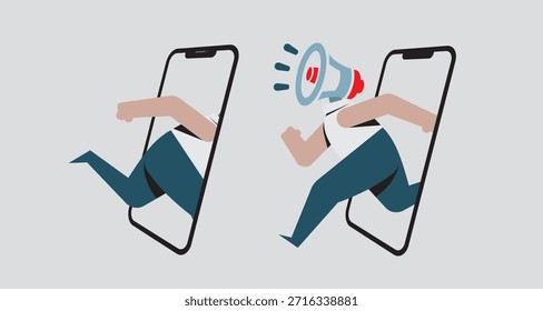 Dos figuras se quedan sin pantallas de teléfonos inteligentes: la izquierda representa el consumo pasivo de información, mientras que la derecha, con un megáfono, simboliza la transmisión activa de mensajes y la influencia.