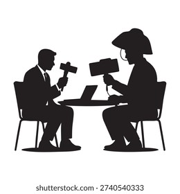 Two figures are seated across a table during a tense meeting where one holds a gavel and the other a camera suggesting a legal or media showdown.