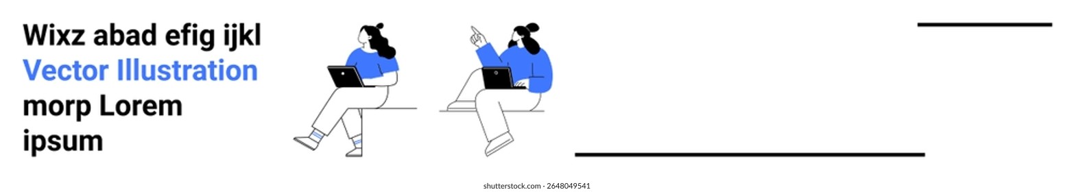 Duas figuras sentadas, ambas com laptops, uma apontando aparentemente explicando algo. Ideal para discussões comerciais, trabalho em equipe, colaboração, produtividade, comunicação no local de trabalho, trabalho remoto, tecnologia