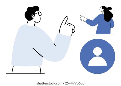 Two figures are seen pointing one is raising a finger and another is pointing sideways. A user profile icon is visible. Ideal for user interface, social media profiles, communication, teamwork