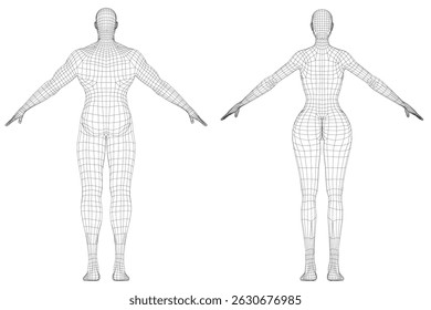 Dos figuras se muestran en una ilustración en blanco y negro. Las dos figuras están de pie. Cuerpo masculino y femenino. 3D. Vista posterior