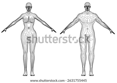 Two figures are shown in a black and white drawing. One is a woman and the other is a man. The woman is standing with her arms crossed and the man is standing with his arms outstretched. Front view