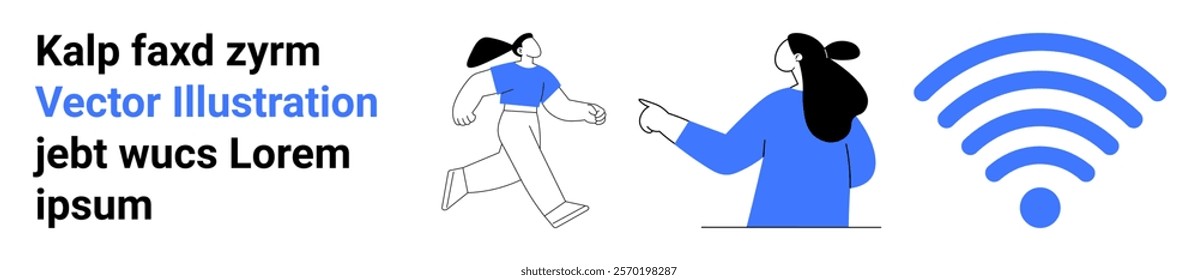 Two figures are shown interacting with each other and a wireless symbol. Ideal for communication, technology, education, digital marketing, and social interactions. Banner for landing page