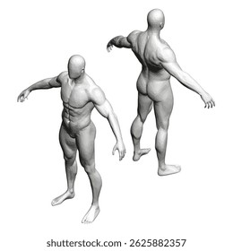 Two figures are shown, one with a muscular build and the other with a more slender build. The muscular figure is standing with his arms outstretched. Isometric view. 3D