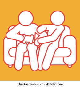 Two figures sittion on a couch/sofa fighting one another  over a single game controller 