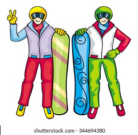 Two figures of snowboarders isolated on a white background