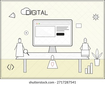 Dos figuras junto a un escritorio con una computadora. Una planta se sienta en la mesa junto a otros Elementos de diseño. Esta escena tiene lugar en un entorno de oficina moderno.