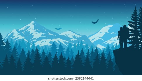 Two figures stand on a cliff gazing at towering mountains illuminated by starlight. Dense evergreen trees fill the foreground enhancing the serene atmosphere of the night.