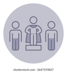 Duas figuras ao lado da figura em pedestal vestindo capa, simbolizando reconhecimento e trabalho em equipe. Conceito de importância da colaboração e inspiração para atingir metas