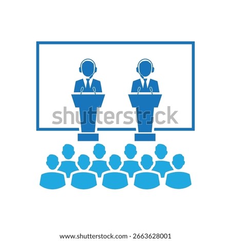 Two figures in suits stand at podiums in front of a screen with an audience seated below representing a debate or presentation