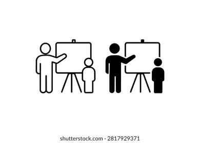 Two figures teaching and learning at presentation boards in simplistic icons.