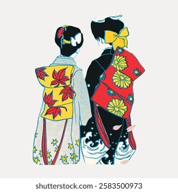 Two figures in traditional Japanese attire, featuring colorful kimonos with floral patterns and bows. Japanese cultural attire with intricate designs. Vintage Japanese illustration vector.