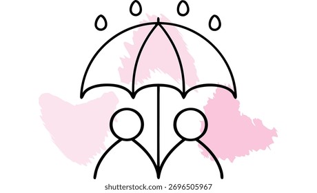 Two figures under an umbrella with raindrops abstract shapes protection couple single line