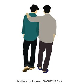 Two figures viewed from behind walk arm-in-arm conveying friendship
