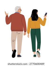 Two figures walk away, one older, one younger. Older man gestures with his right hand. Young woman holds a phone in her left hand. They move forward together, side by side