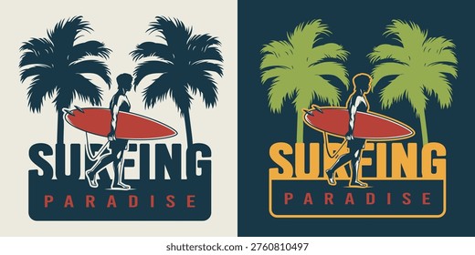 Two figures walk with surfboards across a beach setting. Palm trees frame the scene. The sun is shining indicating a warm day for surfing.