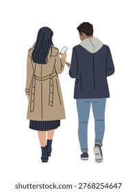 Two figures walk together, holding a phone. Woman wears trench coat, boots, and skirt. Man wears hoodie, jeans, and sneakers. They share focus on screen, suggesting conversation