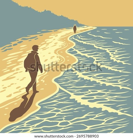 Two Figures Walking on a Beach at Sunset sand ocean