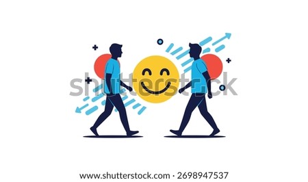Two figures walking towards a shared happy face, surrounded by dynamic elements, indicating a positive social encounter or mental well-being.