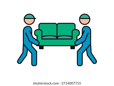 Two figures of workers in blue uniforms moving a green sofa