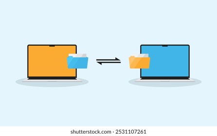 Duas pastas de arquivos trocadas entre dois laptops, simbolizando a transferência de dados.