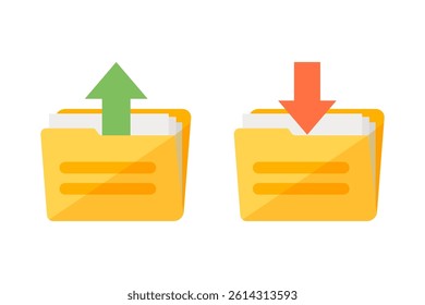 Two file folders with upload and download arrows illustrate data transfer, and file management with a simple design and clear symbolism. Vector element set. - Powered by Shutterstock - Get 15% off with code: PIKWIZARD15